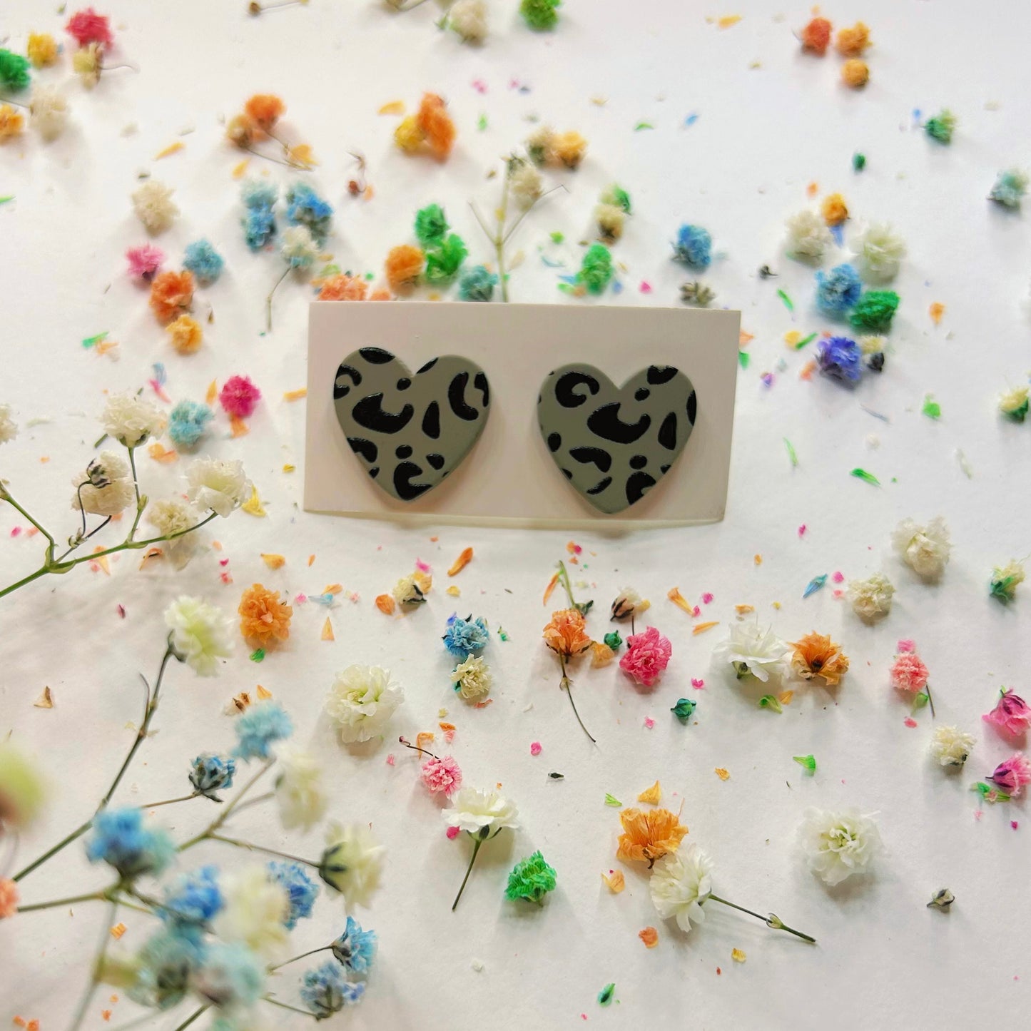 Grey and Black Cheetah Heart Earrings